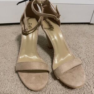 Nude Suede Ankle-Strap Block Heel Sandals